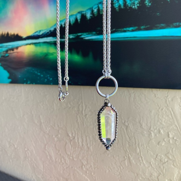 LONG 26 inch chain BIG Crystal quartz black electroplated boho goth necklace - Picture 7 of 14